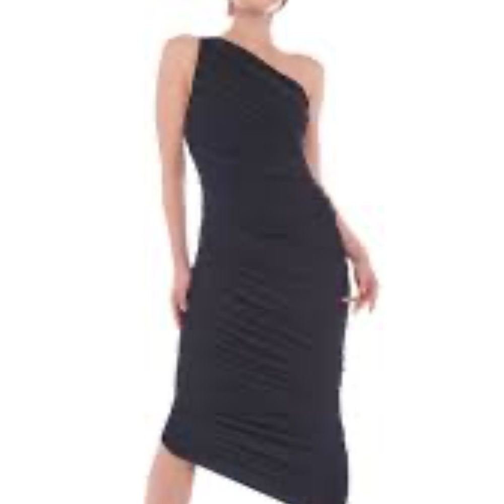 NORMA KAMALI ONE SHOULDER BLACK SHIRRED DRESS